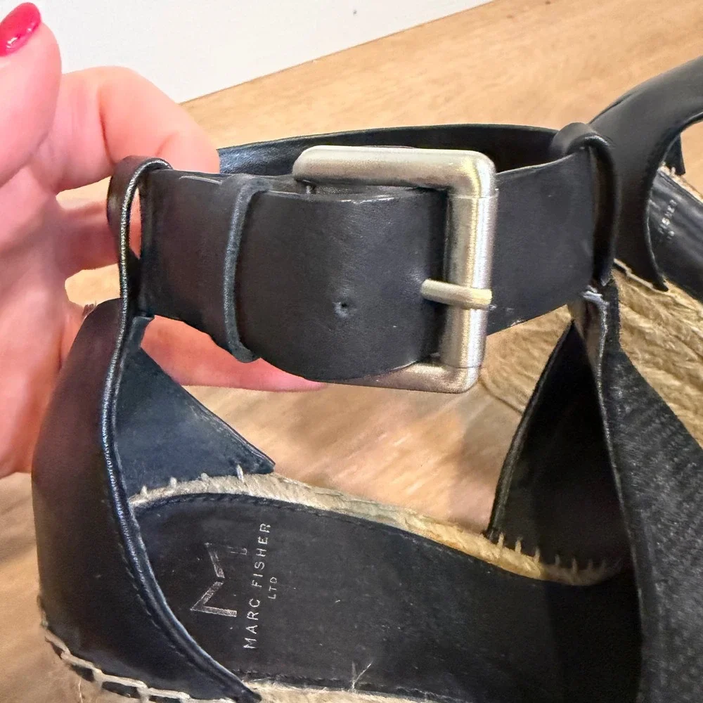 Marc Fisher MLANNIE Wedge Sandal Women 7.5 Black Leather Espadrille Platform